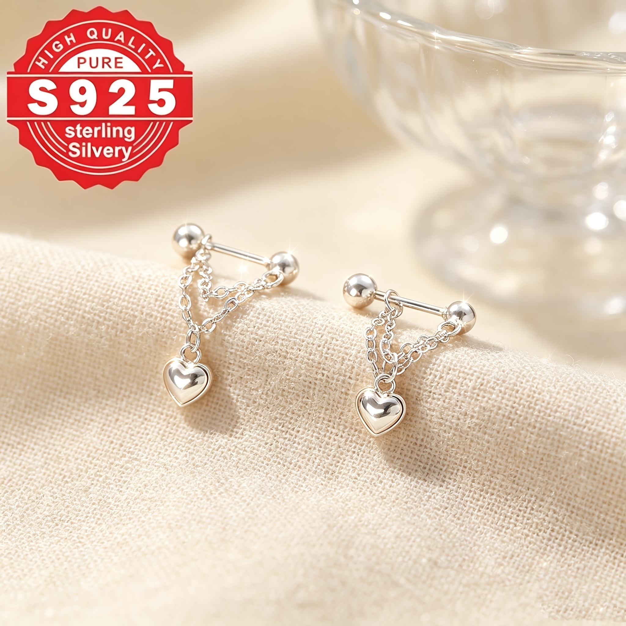 Women's S925 Silver Heart Design Stud Earrings, Cute & Sweet